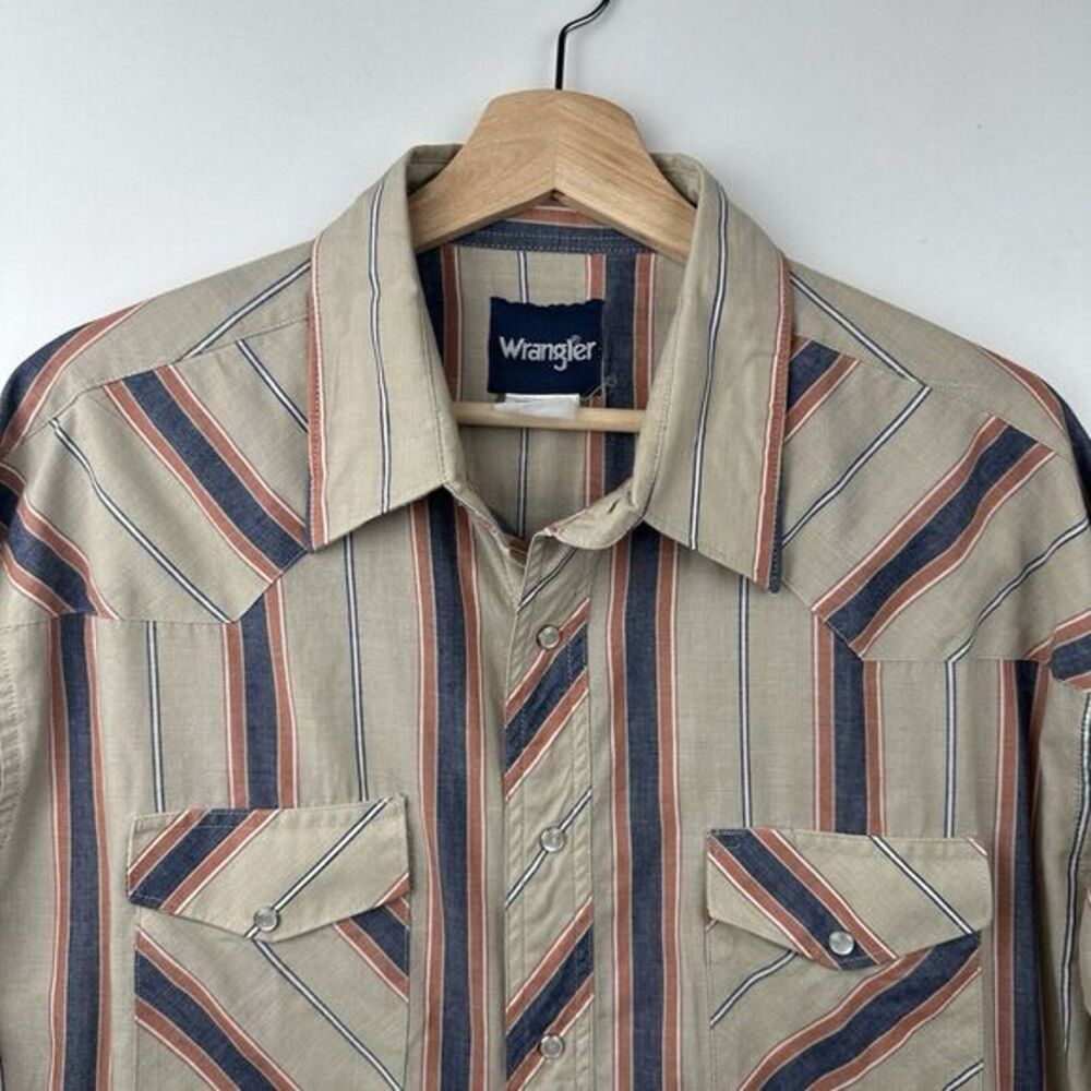 Vintage Wrangler Shirt Mens‎ 17.5x35 Beige Blue Orange Aztec Brushpopper Rodeo